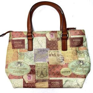 Fossil Leather Purse Hand Bag Travel Stamp Themed Green Brown Top Handle